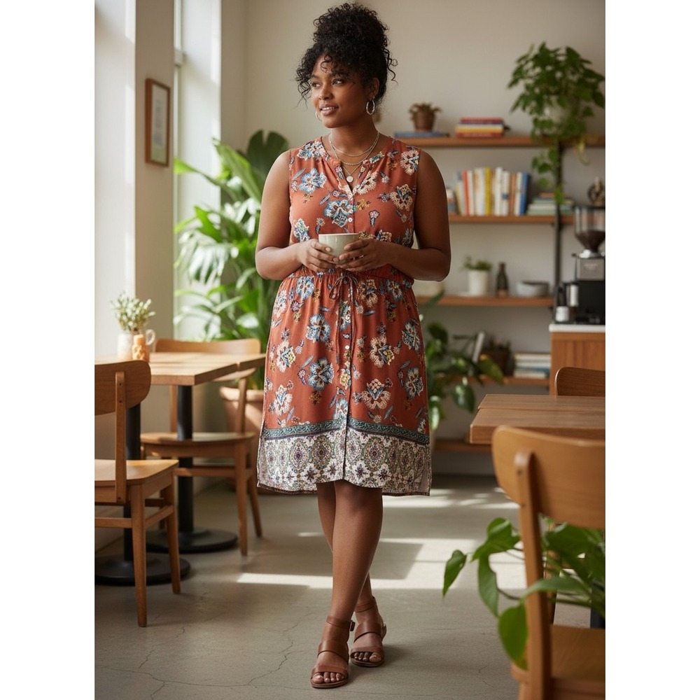DR2 Sleeveless Mini Dress Women XL Rust Floral Boho Pre-loved DR51606PR1